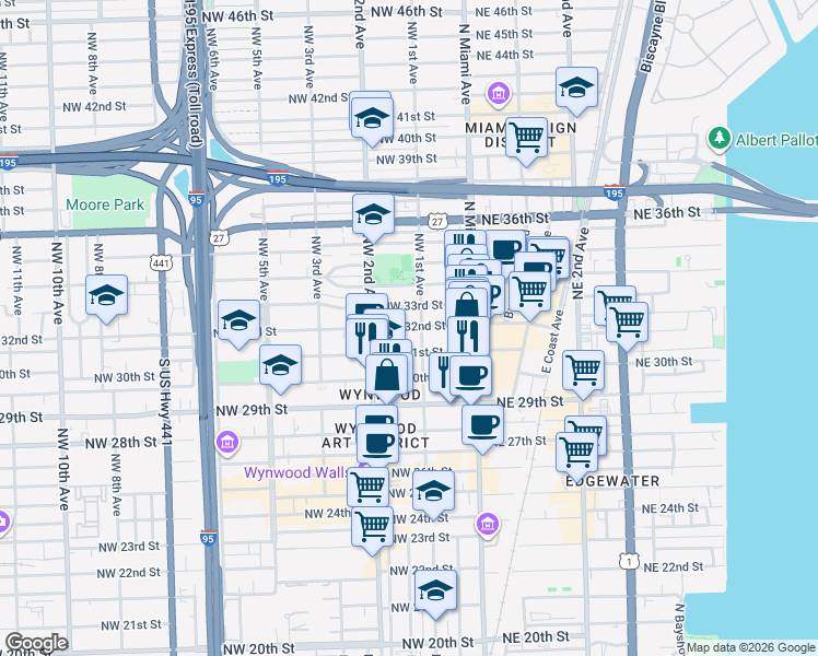 map of restaurants, bars, coffee shops, grocery stores, and more near 105 Northwest 31st Street in Miami