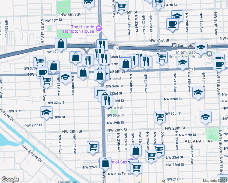 map of restaurants, bars, coffee shops, grocery stores, and more near 3250 Northwest 25th Avenue in Miami
