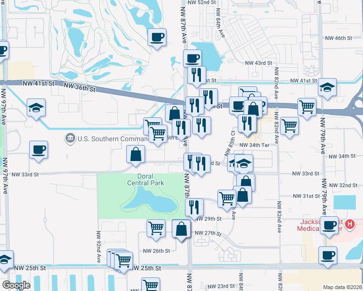 map of restaurants, bars, coffee shops, grocery stores, and more near 3300 Northwest 87th Avenue in Doral