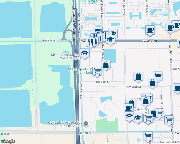 map of restaurants, bars, coffee shops, grocery stores, and more near 3509 Northwest 115th Avenue in Doral