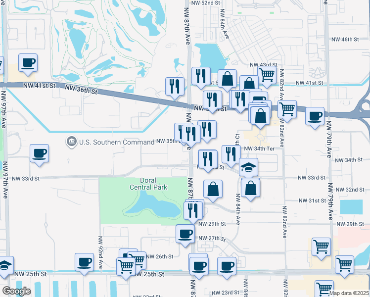 map of restaurants, bars, coffee shops, grocery stores, and more near 3300 Northwest 87th Avenue in Doral