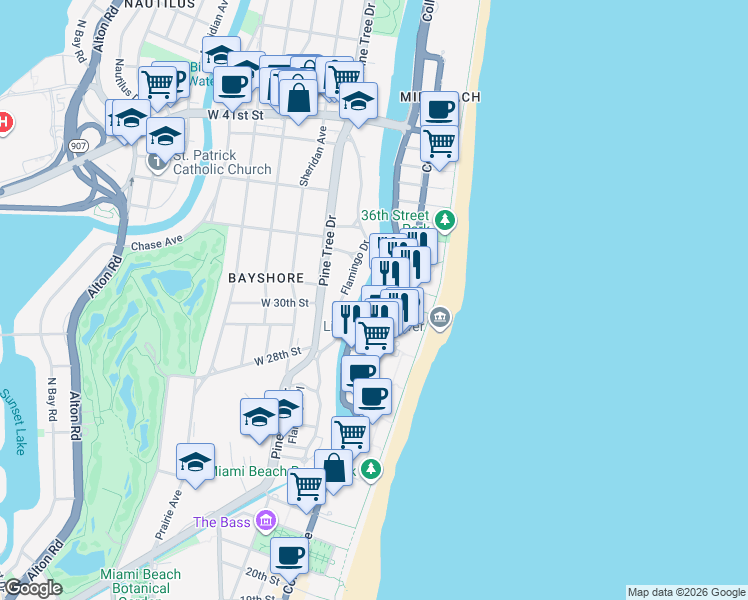 map of restaurants, bars, coffee shops, grocery stores, and more near 3025 Indian Creek Drive in Miami Beach