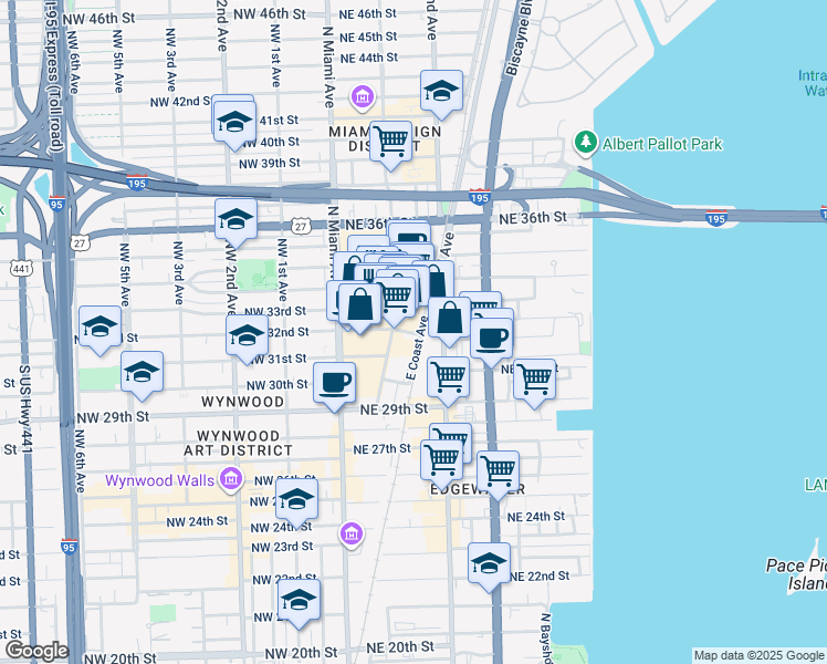 map of restaurants, bars, coffee shops, grocery stores, and more near 3131 Northeast 1st Avenue in Miami