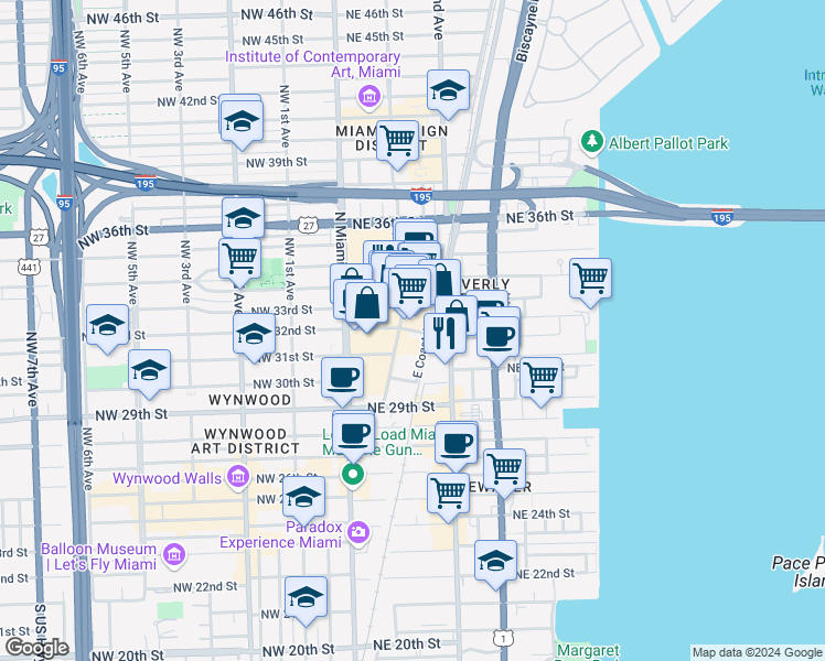 map of restaurants, bars, coffee shops, grocery stores, and more near 3131 Northeast 1st Avenue in Miami