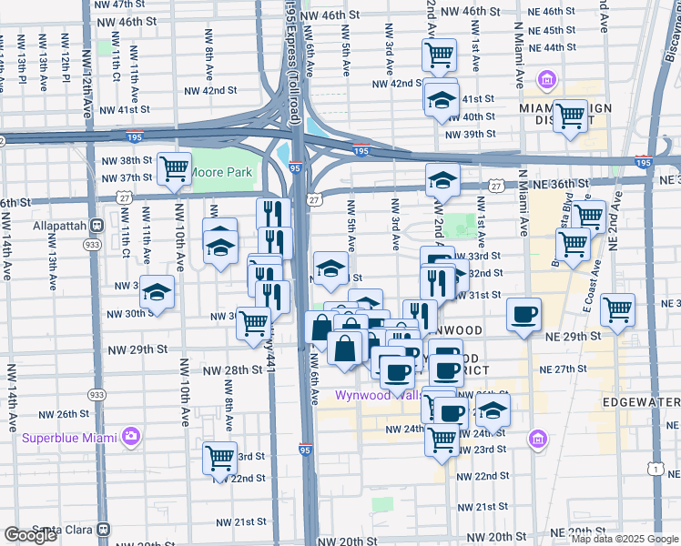 map of restaurants, bars, coffee shops, grocery stores, and more near 3100 Northwest 5 Avenue in Miami