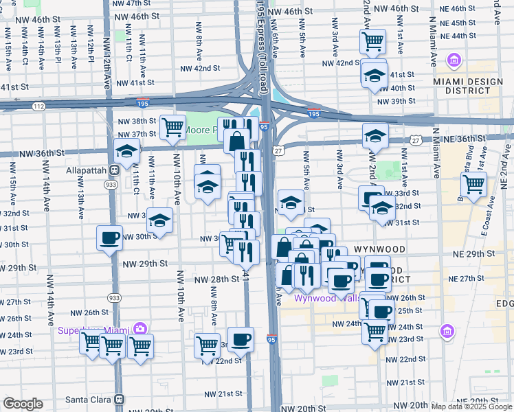 map of restaurants, bars, coffee shops, grocery stores, and more near 659 Northwest 31st Terrace in Miami
