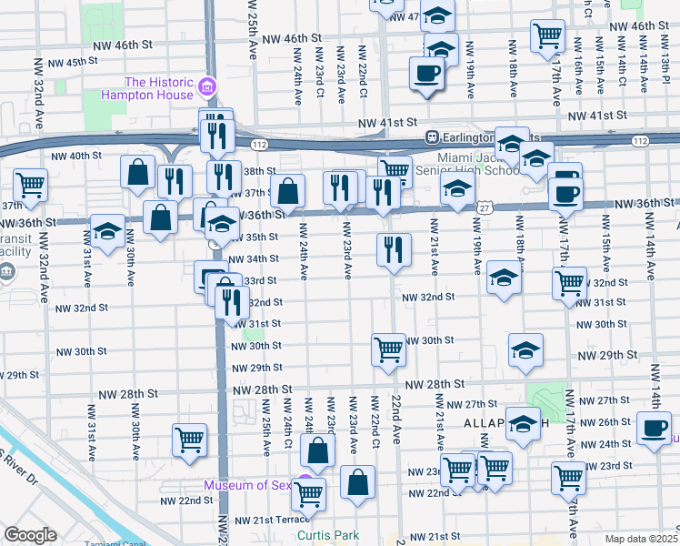 map of restaurants, bars, coffee shops, grocery stores, and more near 2343 Northwest 32nd Street in Miami
