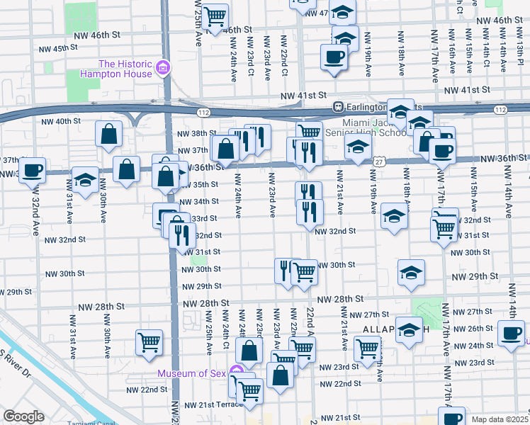 map of restaurants, bars, coffee shops, grocery stores, and more near 2343 Northwest 32nd Street in Miami