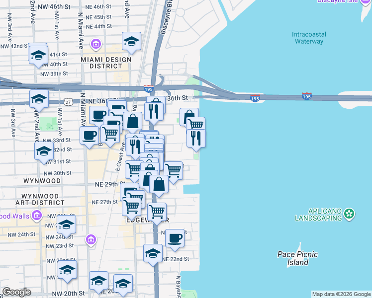 map of restaurants, bars, coffee shops, grocery stores, and more near 480 Northeast 31st Street in Miami