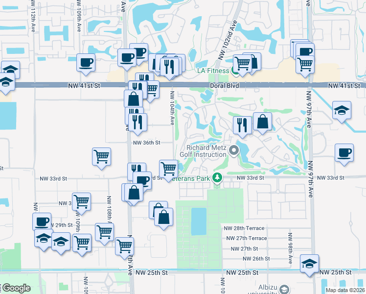 map of restaurants, bars, coffee shops, grocery stores, and more near 3803 Estepona Avenue in Doral