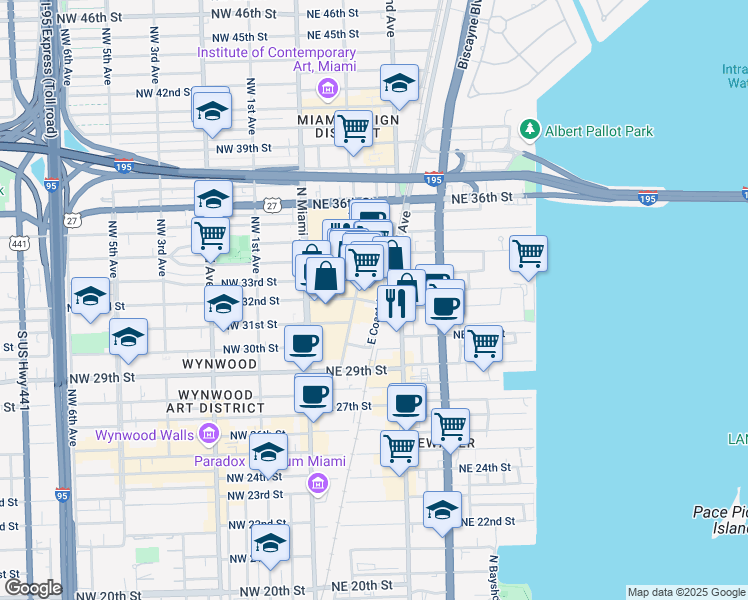 map of restaurants, bars, coffee shops, grocery stores, and more near 3131 Northeast 1st Avenue in Miami