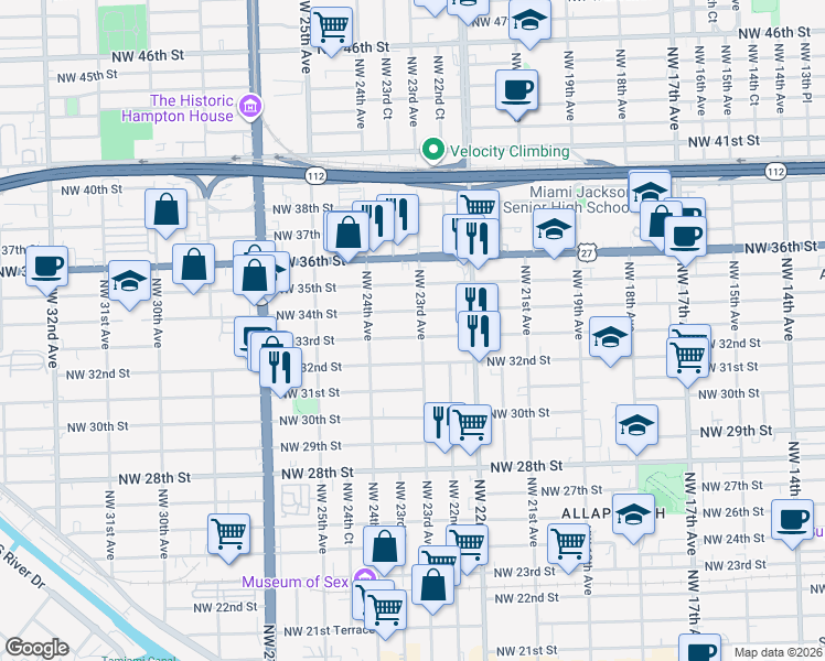 map of restaurants, bars, coffee shops, grocery stores, and more near 2343 Northwest 32nd Street in Miami