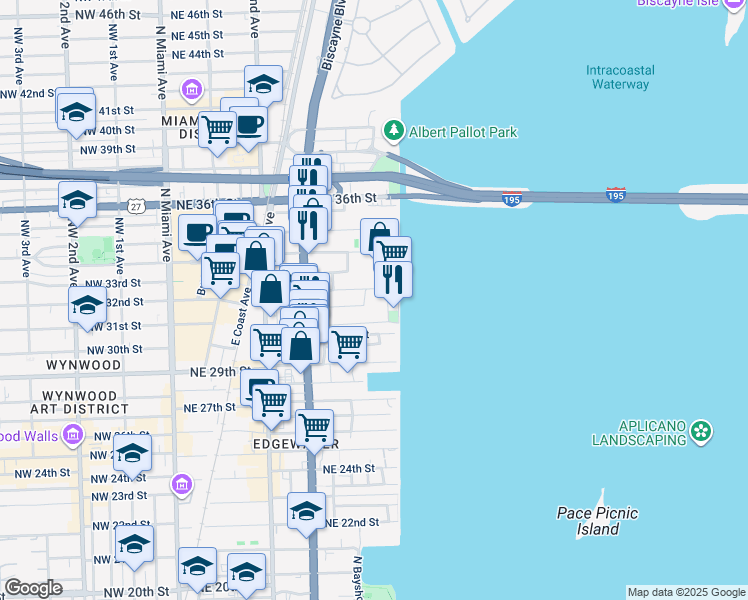 map of restaurants, bars, coffee shops, grocery stores, and more near 475 Northeast 32nd Street in Miami