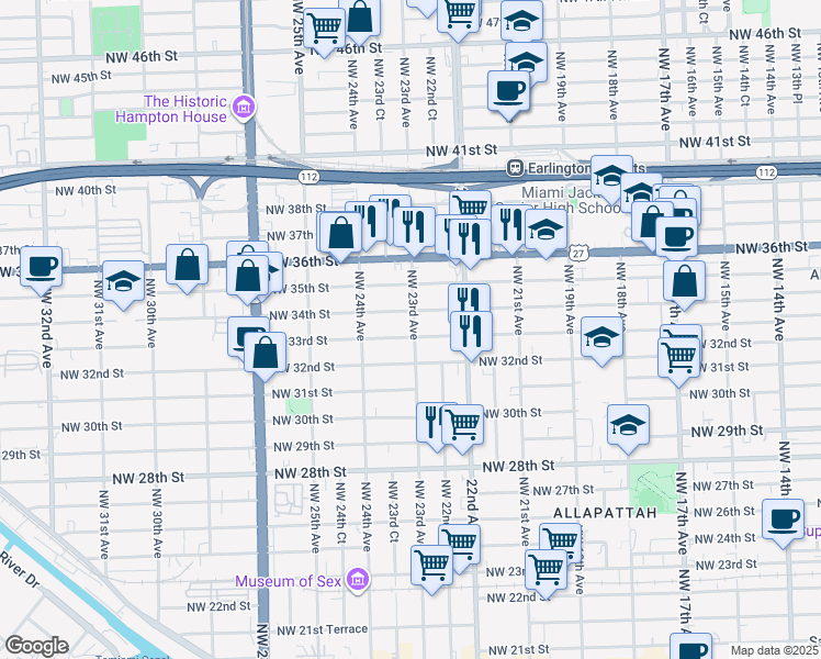 map of restaurants, bars, coffee shops, grocery stores, and more near 2261 Northwest 34th Street in Miami