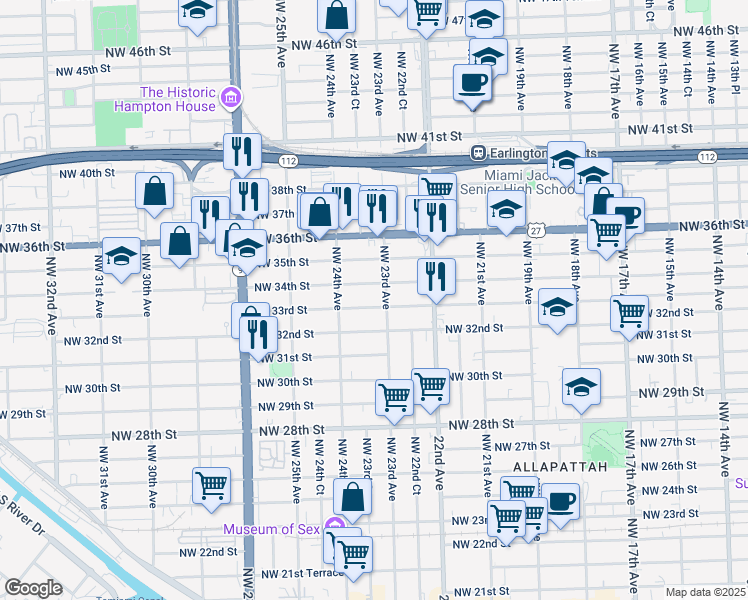 map of restaurants, bars, coffee shops, grocery stores, and more near 2341 Northwest 34th Street in Miami