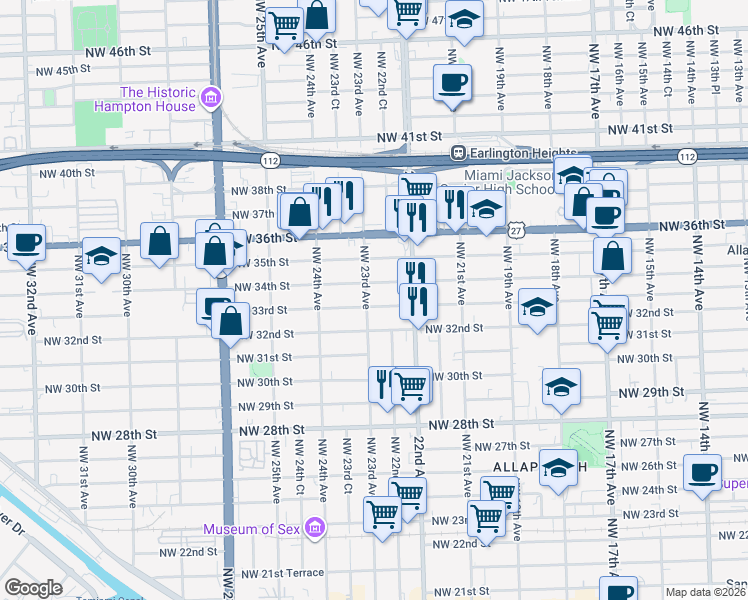map of restaurants, bars, coffee shops, grocery stores, and more near 2261 Northwest 34th Street in Miami