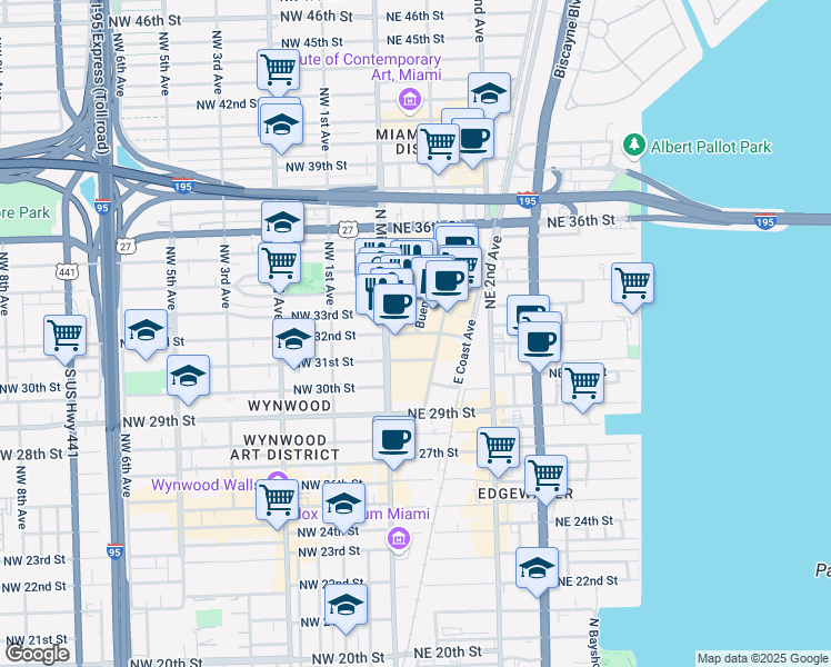 map of restaurants, bars, coffee shops, grocery stores, and more near 3401 North Miami Avenue in Miami