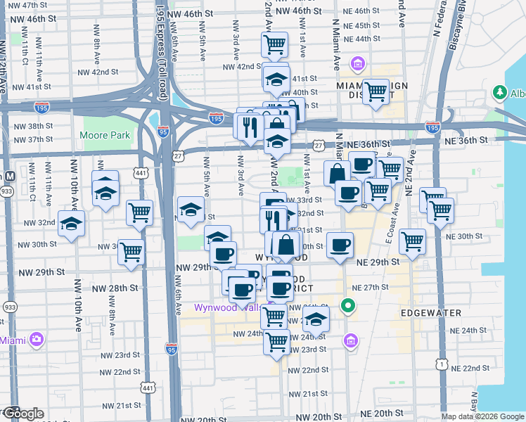 map of restaurants, bars, coffee shops, grocery stores, and more near 259 Northwest 33rd Street in Miami