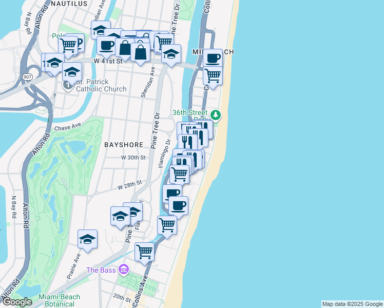map of restaurants, bars, coffee shops, grocery stores, and more near in Miami Beach