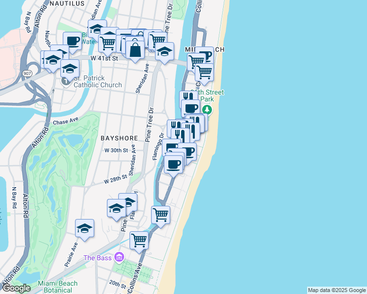map of restaurants, bars, coffee shops, grocery stores, and more near in Miami Beach