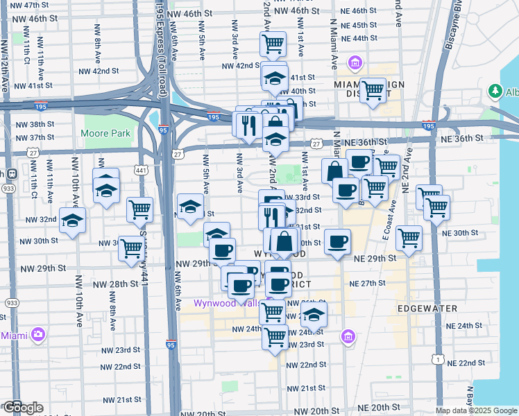 map of restaurants, bars, coffee shops, grocery stores, and more near 259 Northwest 33rd Street in Miami