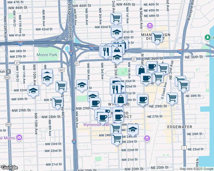 map of restaurants, bars, coffee shops, grocery stores, and more near 259 Northwest 33rd Street in Miami