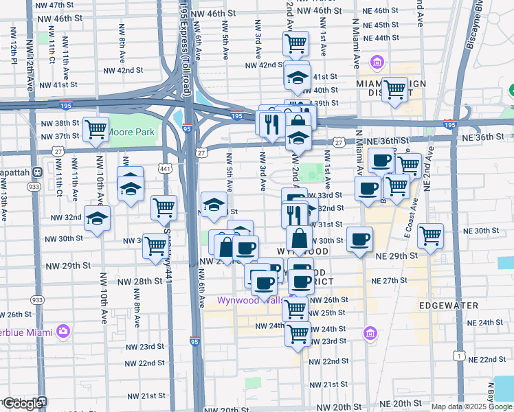 map of restaurants, bars, coffee shops, grocery stores, and more near 337 Northwest 33rd Street in Miami