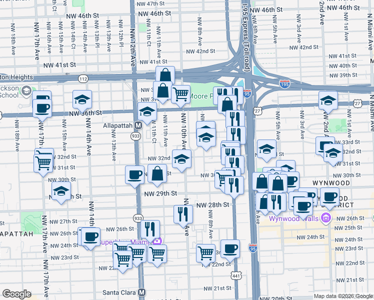 map of restaurants, bars, coffee shops, grocery stores, and more near 3313 Northwest 9th Court in Miami