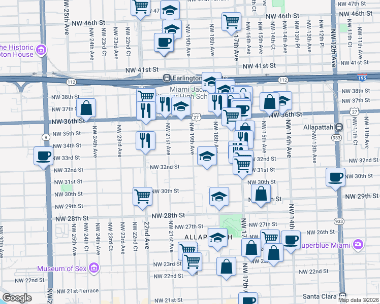 map of restaurants, bars, coffee shops, grocery stores, and more near 1884 Northwest 34th Street in Miami