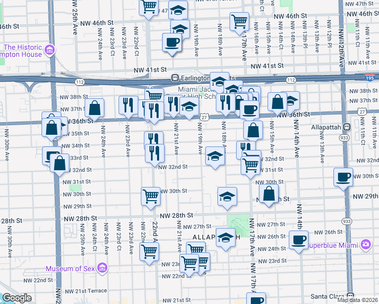 map of restaurants, bars, coffee shops, grocery stores, and more near 1948 Northwest 34th Street in Miami