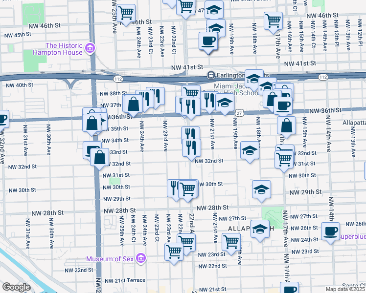 map of restaurants, bars, coffee shops, grocery stores, and more near 3400 Northwest 22nd Avenue in Miami