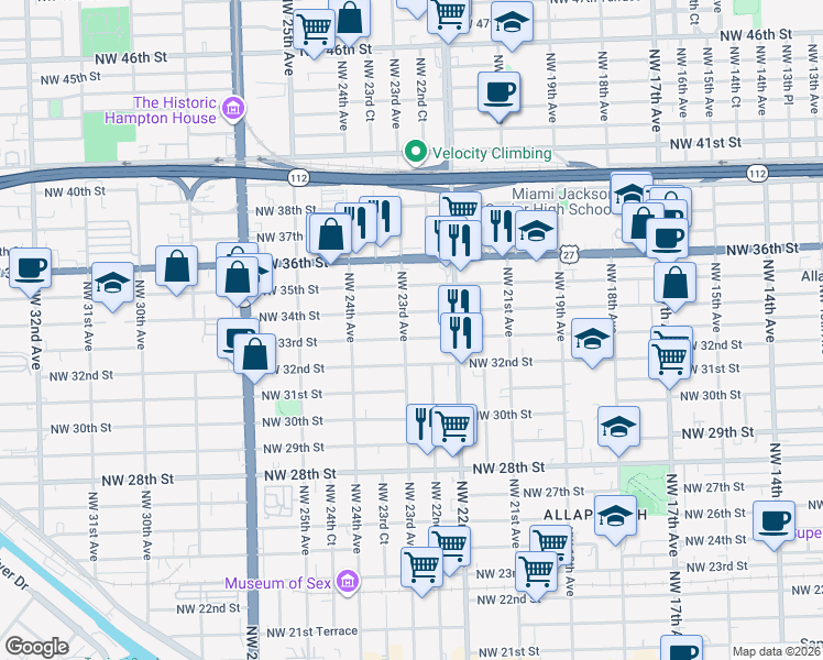 map of restaurants, bars, coffee shops, grocery stores, and more near 2261 Northwest 34th Street in Miami