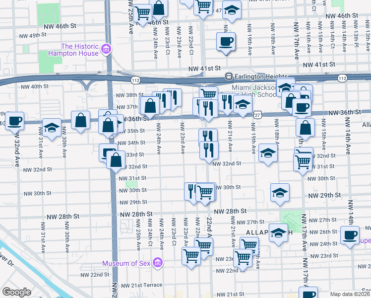 map of restaurants, bars, coffee shops, grocery stores, and more near 2261 Northwest 34th Street in Miami