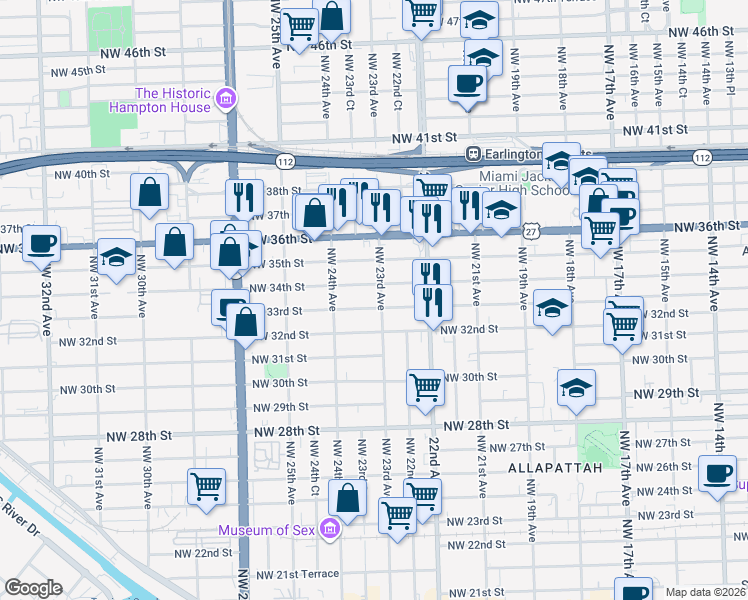 map of restaurants, bars, coffee shops, grocery stores, and more near 2341 Northwest 34th Street in Miami