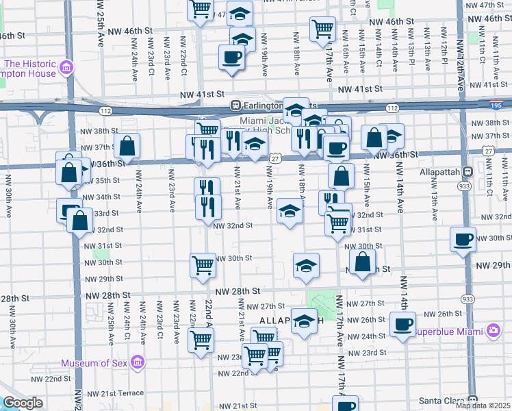 map of restaurants, bars, coffee shops, grocery stores, and more near 1948 Northwest 34th Street in Miami