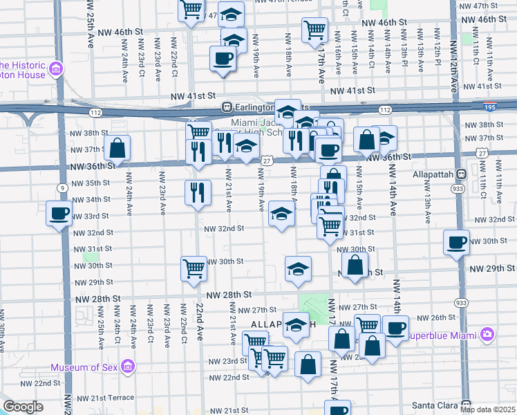map of restaurants, bars, coffee shops, grocery stores, and more near 1884 Northwest 34th Street in Miami