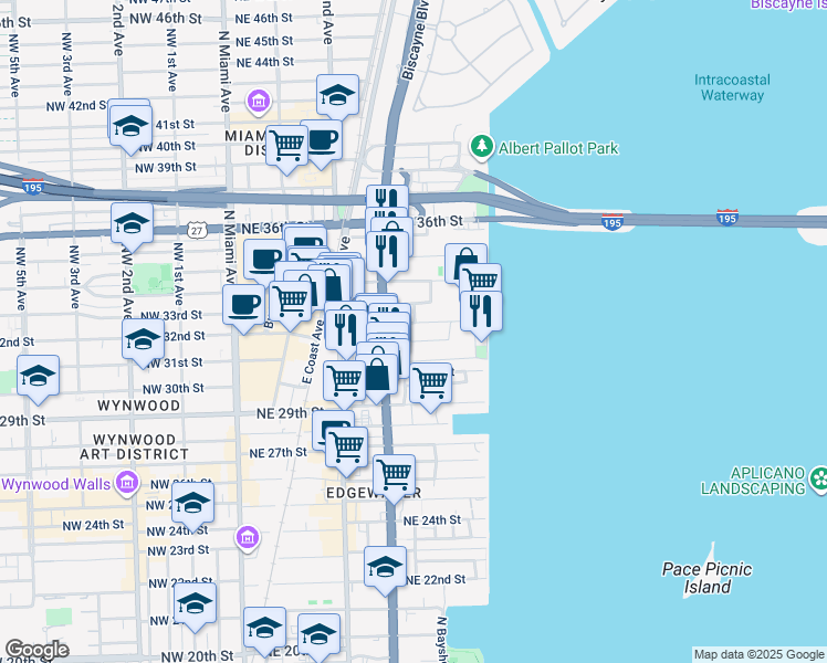 map of restaurants, bars, coffee shops, grocery stores, and more near 345 Northwest 32nd Court in Miami
