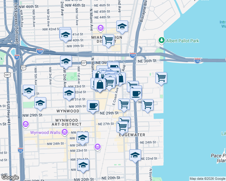 map of restaurants, bars, coffee shops, grocery stores, and more near 125 Northeast 32nd Street in Miami