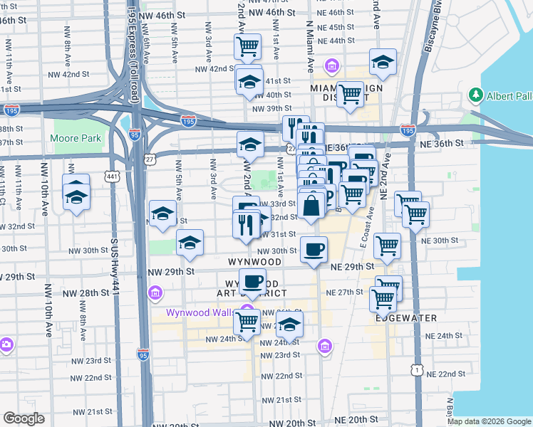 map of restaurants, bars, coffee shops, grocery stores, and more near 145 Northwest 32nd Street in Miami