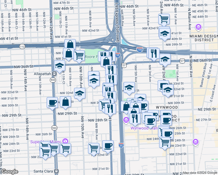 map of restaurants, bars, coffee shops, grocery stores, and more near 3220 Northwest 7th Avenue in Miami