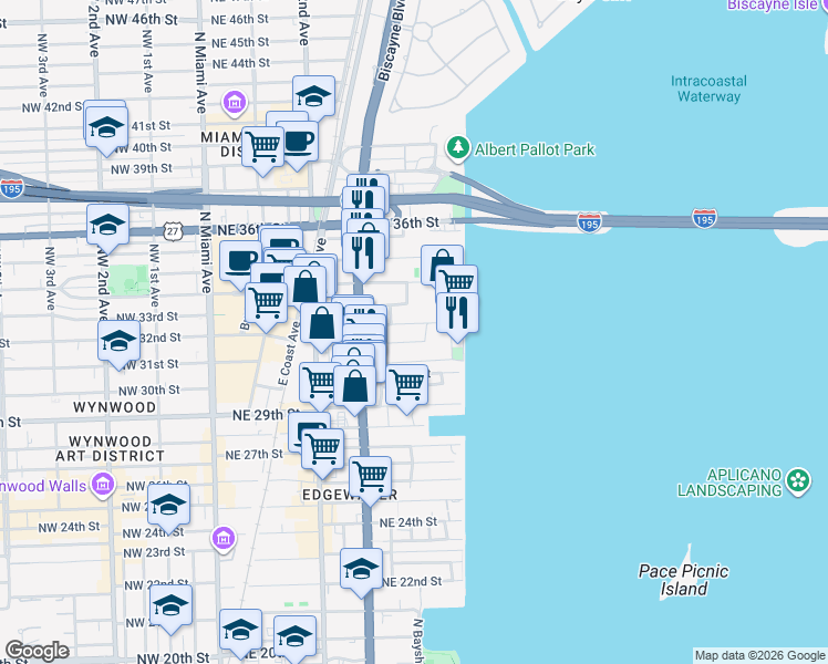 map of restaurants, bars, coffee shops, grocery stores, and more near 501 Northeast 31st Street in Miami