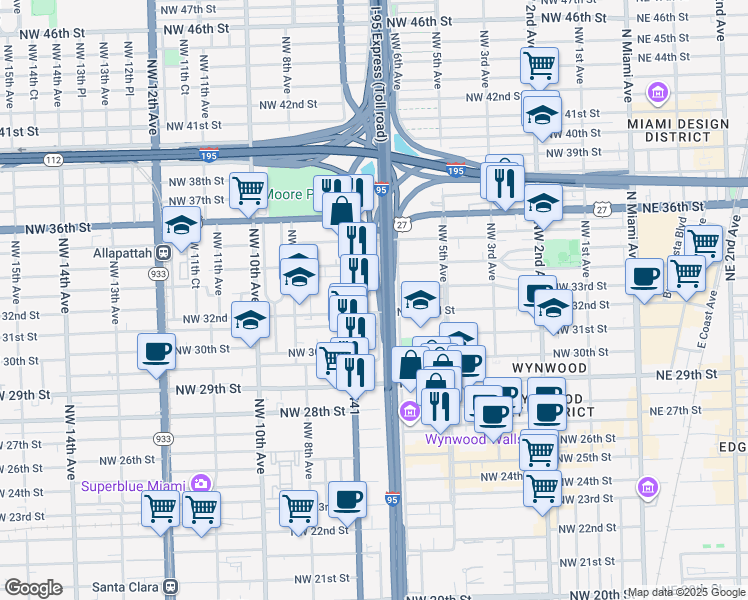map of restaurants, bars, coffee shops, grocery stores, and more near 3301 Northwest 7th Avenue in Miami