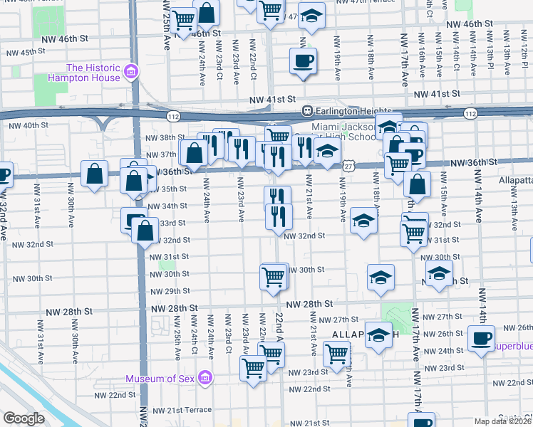 map of restaurants, bars, coffee shops, grocery stores, and more near 3400 Northwest 22nd Avenue in Miami