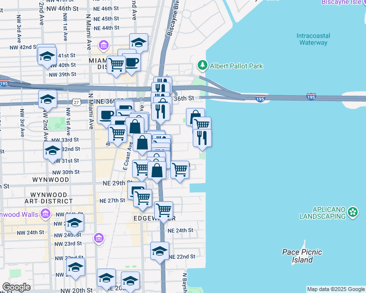 map of restaurants, bars, coffee shops, grocery stores, and more near 475 Northeast 32nd Street in Miami