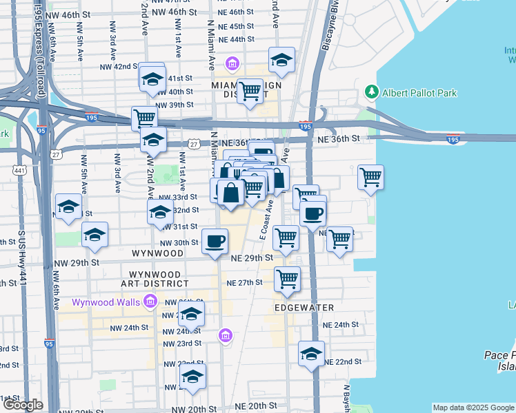 map of restaurants, bars, coffee shops, grocery stores, and more near 3250 Northeast 1st Avenue in Miami