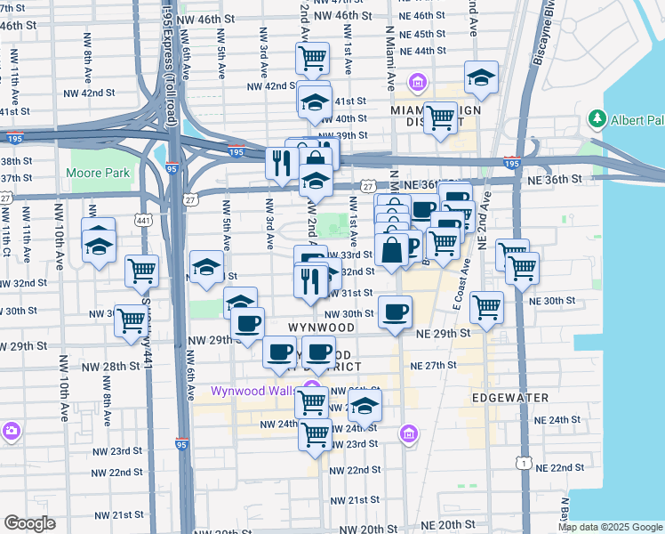 map of restaurants, bars, coffee shops, grocery stores, and more near 3327 Northwest 2nd Avenue in Miami