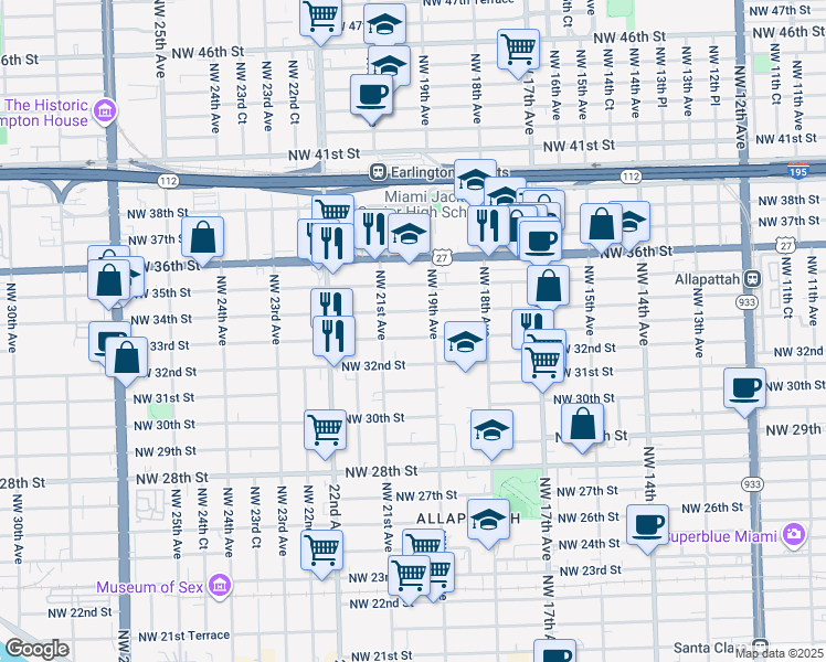 map of restaurants, bars, coffee shops, grocery stores, and more near 1948 Northwest 34th Street in Miami