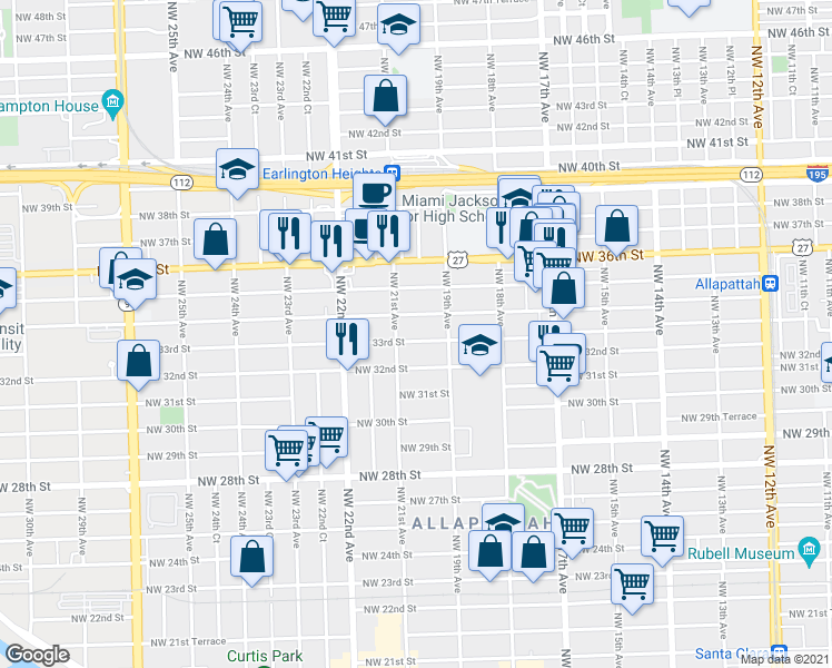 map of restaurants, bars, coffee shops, grocery stores, and more near 1948 Northwest 34th Street in Miami