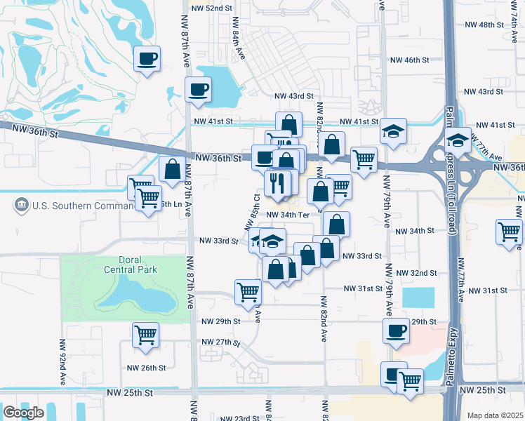 map of restaurants, bars, coffee shops, grocery stores, and more near 5175 Northwest 85th Court in Doral