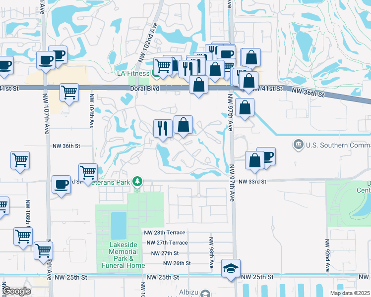 map of restaurants, bars, coffee shops, grocery stores, and more near 3644 Alcantara Avenue in Doral